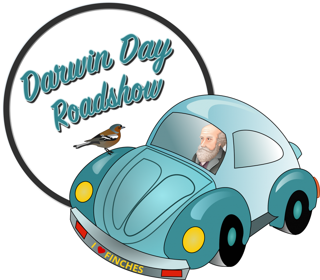 Charles Darwin in a car with a finch on the hood; words above the car say Darwin Day Roadshow