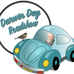 Charles Darwin in a car with a finch on the hood; words above the car say Darwin Day Roadshow